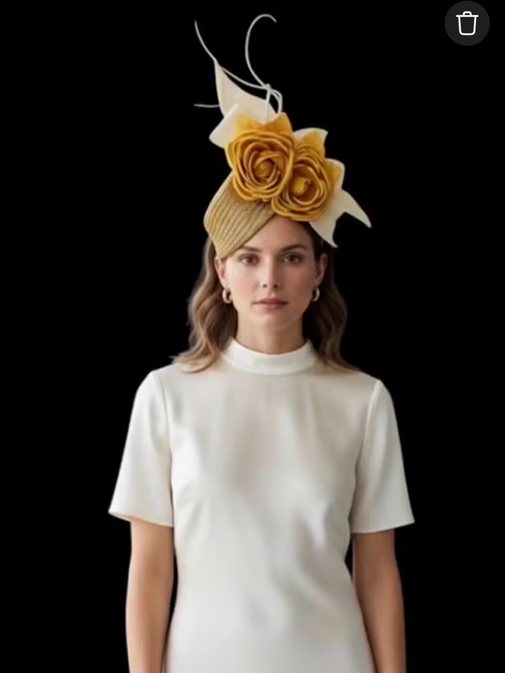 Gold pillbox hat with silk flowers and cream bow and quills
